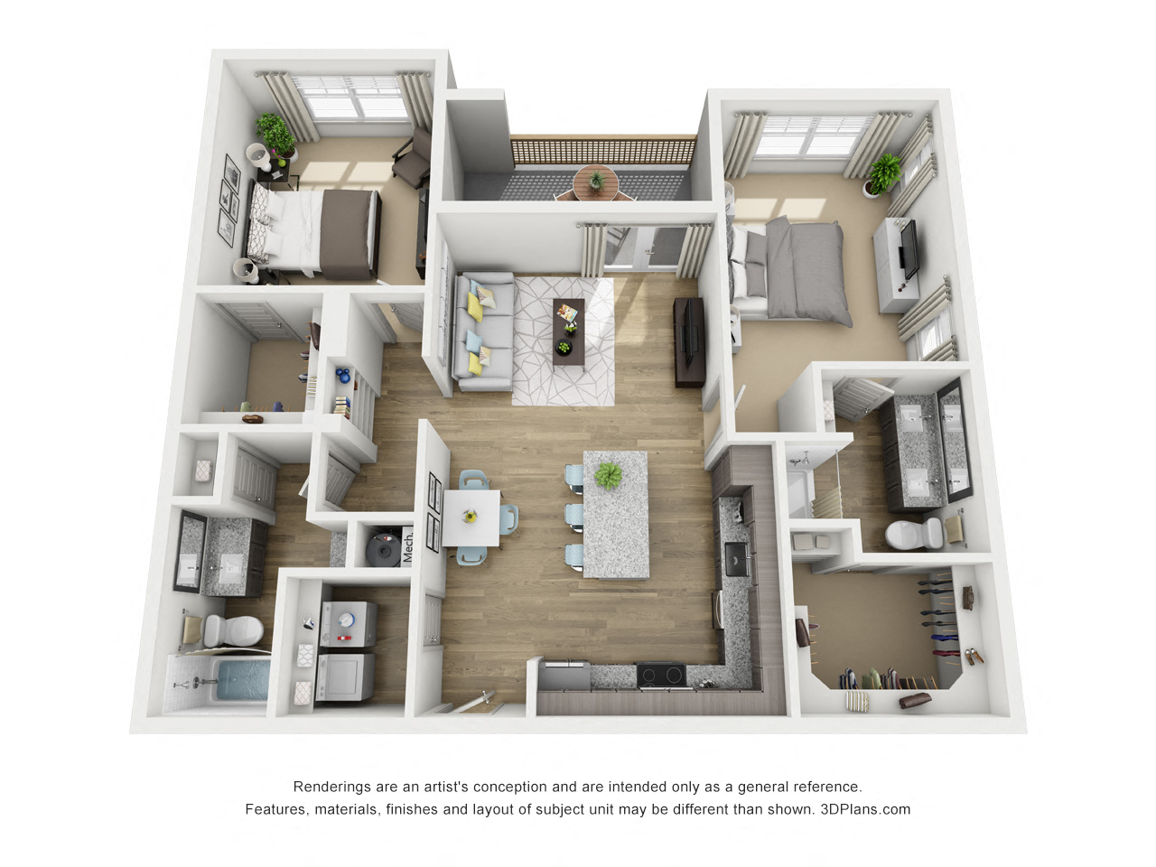 Floor plan for 2 beds, 2 baths, 1114 sqft